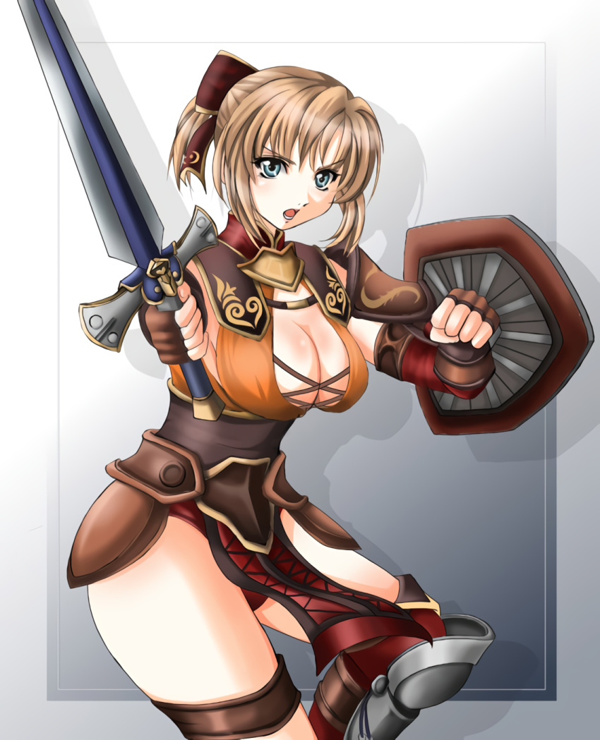 1041_(toshikazu) 1girl 1girl alluring alternate_costume blonde_hair blue_eyes bow breasts cassandra_alexandra cleavage hair_bow looking_at_viewer open_mouth shield silf soul_calibur soulcalibur_iii standing sword thighs voluptuous weapon