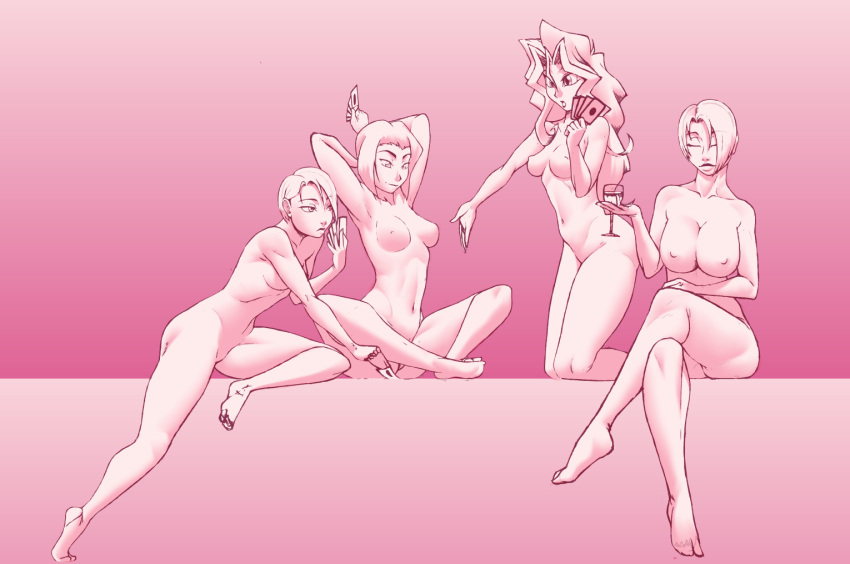 1girl 4girls card_game casual cowboy_bebop crossover faye_valentine female_only h-picaso human isabella_valentine jill_valentine jill_valentine_(julia_voth) mai_valentine monochrome nude nude nudity pale_skin resident_evil soul_calibur yu-gi-oh! yu-gi-oh!_duel_monsters