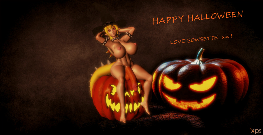 1girl 3d areola armbands ass background ballsack belly belly_button blonde blonde_hair bowsette breasts choker dickgirl earrings english_text eyebrows eyeliner eyes eyeshadow female_only futa futanari games halloween hat huge_breasts human humanized legs legs_apart legs_spread lips lipstick long_hair looking_at_viewer navel nintendo nude nude_female open_mouth penis pink_eyes pink_lipstick pink_nipples pointy_ears posing pumpkin render sharp_teeth shell solo_female spiked_collar spiked_shell spiked_tail super_mario_bros. tail tan tanned tanned_skin teeth testicles text turtle_shell video_games witch_hat xnalara xps