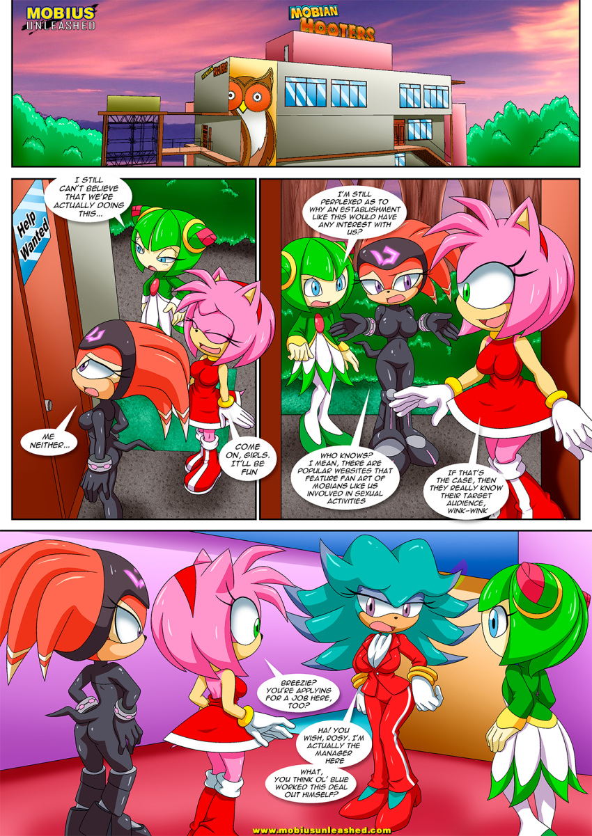4girls adventures_of_sonic_the_hedgehog amy_rose aqua_fur archie_comics bbmbbf black_bodysuit blue_eyes breezie_the_hedgehog brown_eyes cosmo_the_seedrian echidna furry green_eyes green_hair hedgehog hooters medium_breasts mobian_hooters_(comic) mobius_unleashed palcomix pink_eyes pink_fur red_dress red_fur sega shade_the_echidna short_hair sonic_(series) sonic_the_hedgehog_(series) sonic_x two_tone_hair white_gloves