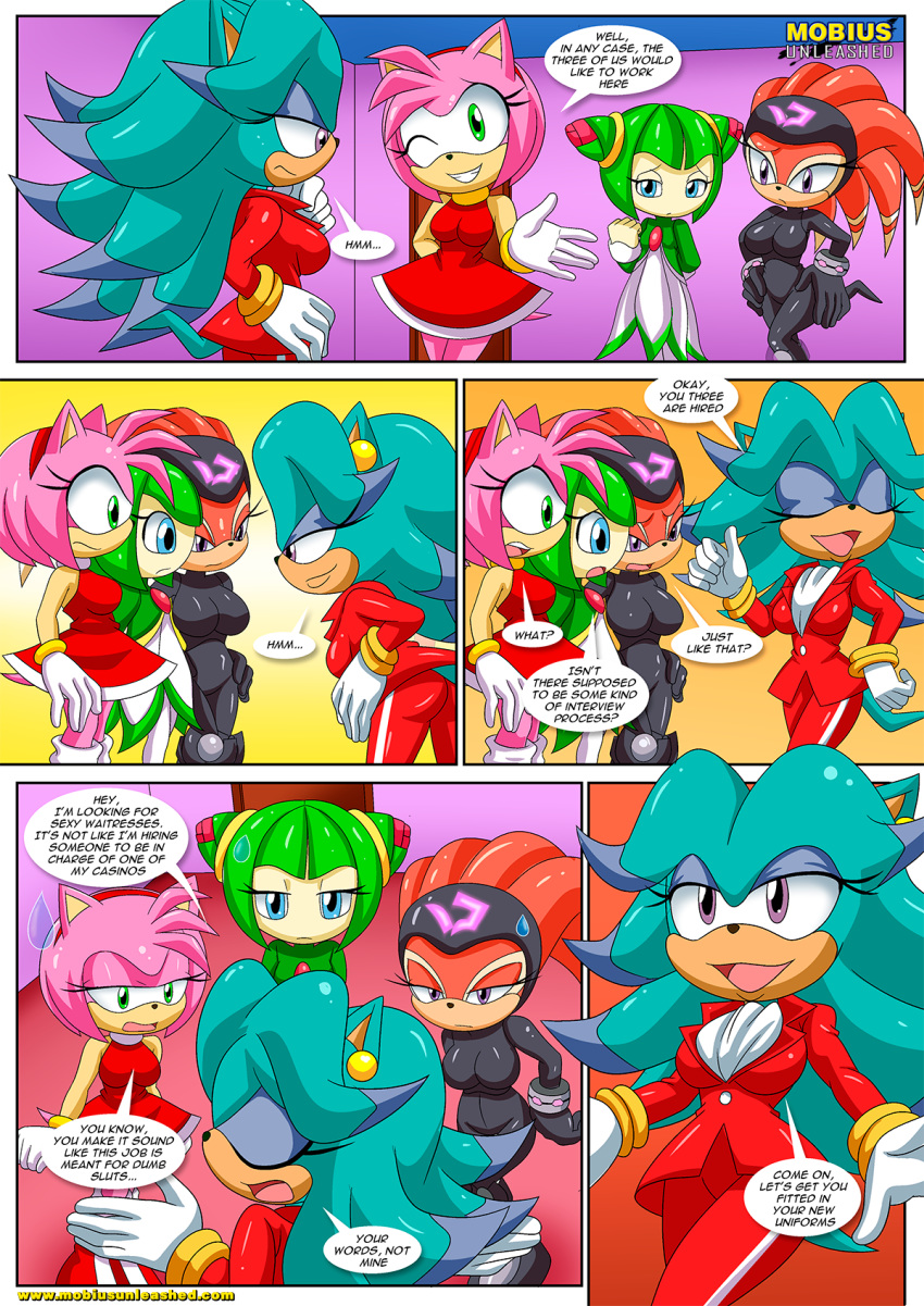 4girls adventures_of_sonic_the_hedgehog amy_rose aqua_fur archie_comics bbmbbf breezie_the_hedgehog cosmo_the_seedrian furry hooters mobian_hooters mobius_unleashed palcomix pink_eyes sega shade_the_echidna sonic_(series) sonic_the_hedgehog_(series) sonic_x two_tone_hair white_gloves