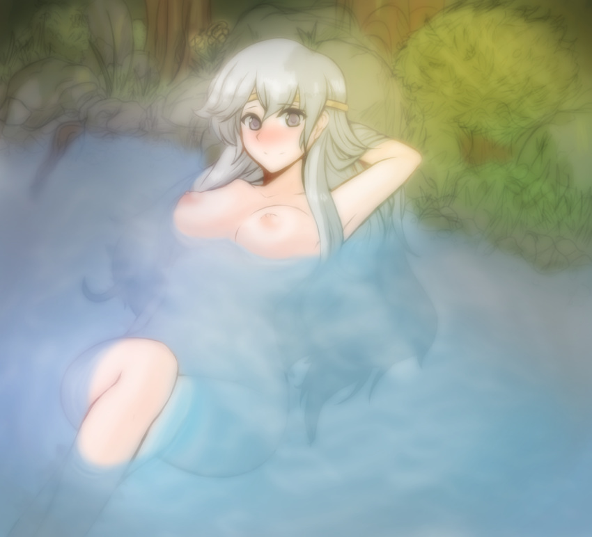 1girl 1girl 1girl areola arm_behind_head bare_arms bare_legs bare_shoulders big_breasts blush breasts crossed_legs diadora_(fire_emblem) fire_emblem fire_emblem:_seisen_no_keifu forest happy headband hips in_water knees legs legs_together long_hair looking_at_viewer lying midriff nature navel nintendo nipples nude on_back outside pond pool purple_eyes relaxed relaxing resting silver_hair sitting smile tridisart underwater water wide_hips