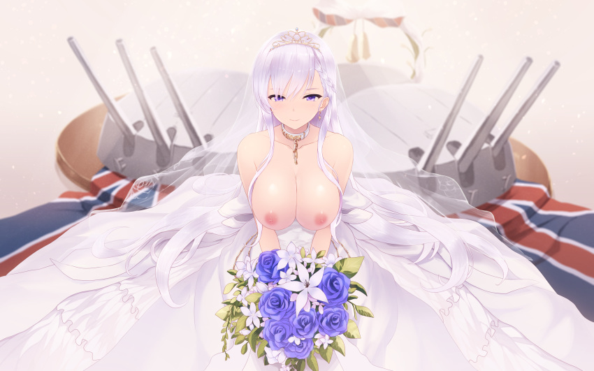 16:10_aspect_ratio 1girl areola azur_lane bangs belfast_(azur_lane) big_breasts blue_eyes blurry blurry_background blush bouquet braid breasts breasts_out_of_clothes bridal_veil bride cait cannon clavicle cleavage collar dress earrings eyebrows_visible_through_hair flower french_braid gloves gold gold_trim high_resolution holding holding_bouquet holding_object jewelry large_filesize long_hair looking_at_viewer machinery maid_headdress nipples rigging shiny shiny_skin sidelocks silver_collar silver_hair sitting smile strapless strapless_dress tiara tied_hair union_jack veil very_high_resolution wedding_dress white_dress