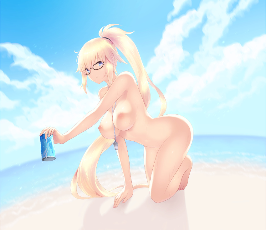 1girl bangs bare_shoulders beach between_breasts big_breasts black-framed_eyewear blue_sky blurry blurry_background blush breasts cait can clavicle cloud cloudy_sky completely_nude day eyebrows_visible_through_hair fate/grand_order fate_(series) fingernails full_body hair_between_eyes hair_ornament hair_tie high_resolution hips holding holding_can jeanne_d'arc_(fate)_(all) jeanne_d'arc_(swimsuit_archer) large_filesize long_fingernails long_hair looking_at_viewer megane nail_polish nude ocean outside parted_lips pink_nails ponytail sand sidelocks sky soda_can teeth thighs tied_hair very_high_resolution very_long_hair waist water whistle whistle_around_neck