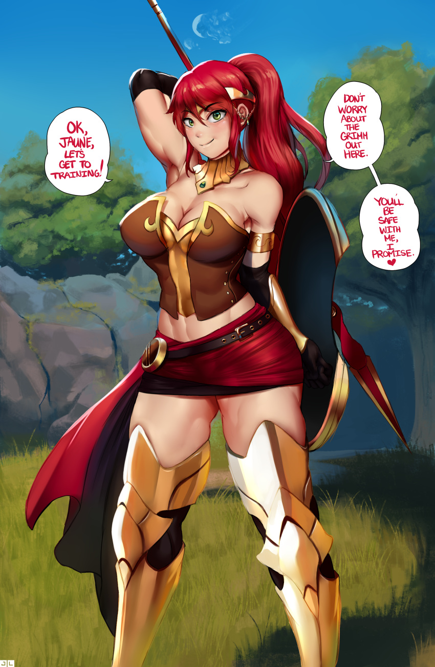 1girl 1girl 1girl abs amazon armor armored_boots ass breasts cleavage curvy female_only high_res huge_breasts jlullaby muscular muscular_female muscular_thighs ponytail pyrrha_nikos red_hair rwby speech_bubble standing tagme text thick_thighs toned watermark wide_hips
