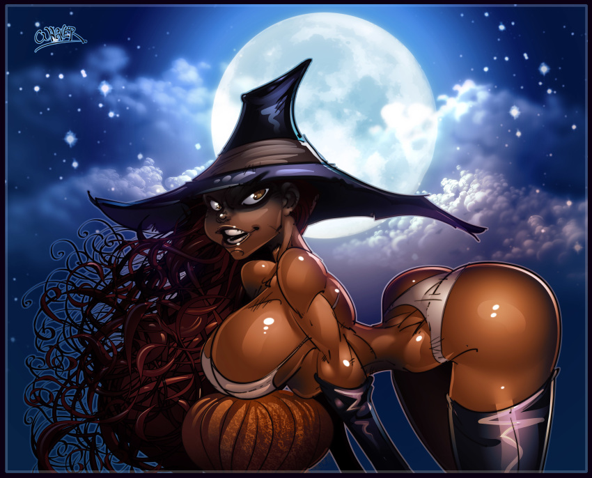 bent_over boots bra breasts brown_eyes cleavage full_moon gloves halloween long_hair panties pumpkin smile wagner wagner witch witch_hat