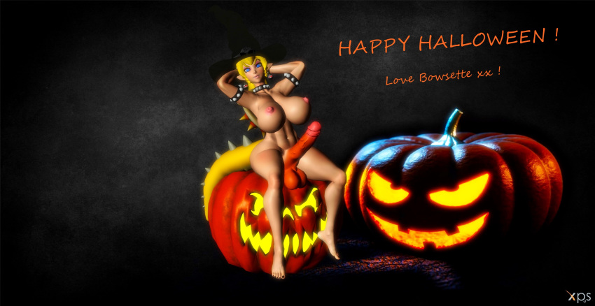 1girl 3d areola ass background ballsack belly belly_button black_toenails blonde blonde_hair blue_eyes bowsette breasts choker cock dick dickgirl earrings english_text erect_nipples erect_penis erection feet female_only futa futanari games halloween hat huge_breasts human humanized legs legs_apart legs_spread long_hair navel nintendo nude nude_female open_mouth penis pink_nipples pointy_ears posing pumpkin render sharp_teeth shell shemale soles spiked_collar spiked_shell spiked_tail super_mario_bros. tail teeth testicles text toes video_games witch_hat xnalara xps