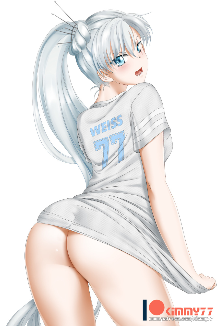 1girl 1girl 1girl alfred_cullado ass asymmetrical_hair blue_eyes blush bottomless casual embarrassed from_behind high_resolution long_hair looking_at_viewer looking_back nopan open_mouth ponytail rwby scar scar_across_eye shiny shiny_hair shiny_skin shirt shirt_tug short_sleeves side_ponytail simple_background smile standing t-shirt text_on_clothes tied_hair weiss_schnee white_background white_shirt