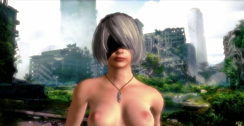 1girl 3d areola blindfold blue_sky buildings bushes city city_background claire_redfield close-up clouds cloudy_sky cosplay cosplayer cosplaying crossover erect_nipples female_human female_only games grass headband headwear human human_only jewelry lips lipstick looking_at_viewer mask masked medium_breasts mouth necklace nier nier:_automata nier_(series) nude nude_female outside pale-skinned_female pendant pink_skin posing red_lipstick red_nipples render resident_evil resident_evil_2 river road roots short_hair silver_hair sky solo_female trees video_games water white_hair xps yorha_2b_(cosplay) yorha_no._2_type_b