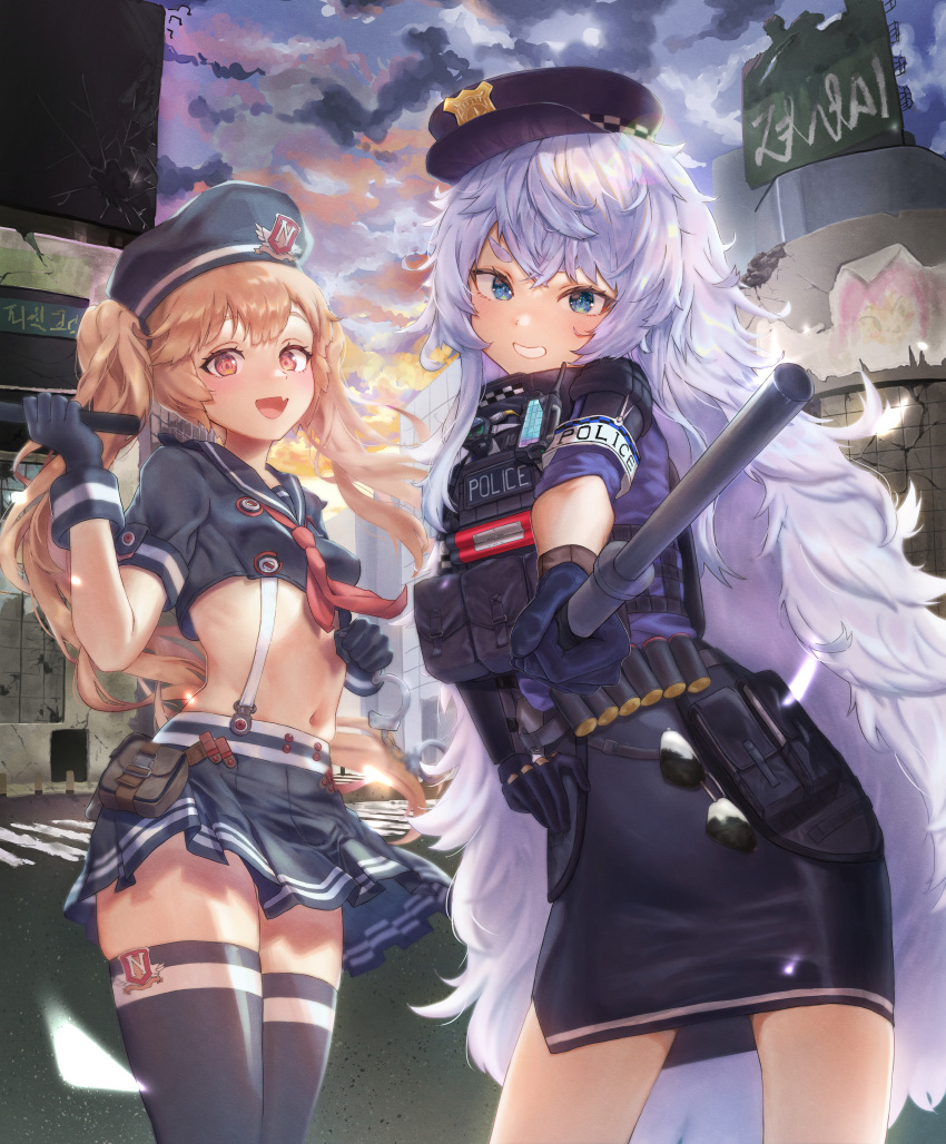 2_girls :d absurd_res ammunition_belt armband baton_(weapon) belt black_gloves black_headwear black_shirt black_skirt black_thighhighs blue_eyes blush breasts cloud cloudy_sky cowboy_shot crop_top cropped_shirt day fang gloves goddess_of_victory:_nikke hat high_res holding holding_weapon korean_commentary light_brown_hair long_hair looking_at_viewer military military_hat military_uniform miniskirt miranda_(nikke) multiple_girls navel open_mouth outside parted_lips peaked_cap pencil_skirt pisik pleated_skirt poli_(nikke) police police_uniform red_eyes ribs ruins shirt short_sleeves skin_fang skindentation skirt sky small_breasts smile stockings stomach suspender_skirt suspenders tactical_clothes thick_eyebrows thighs twin_tails uniform utility_belt very_long_hair walkie-talkie wavy_hair weapon white_hair zettai_ryouiki