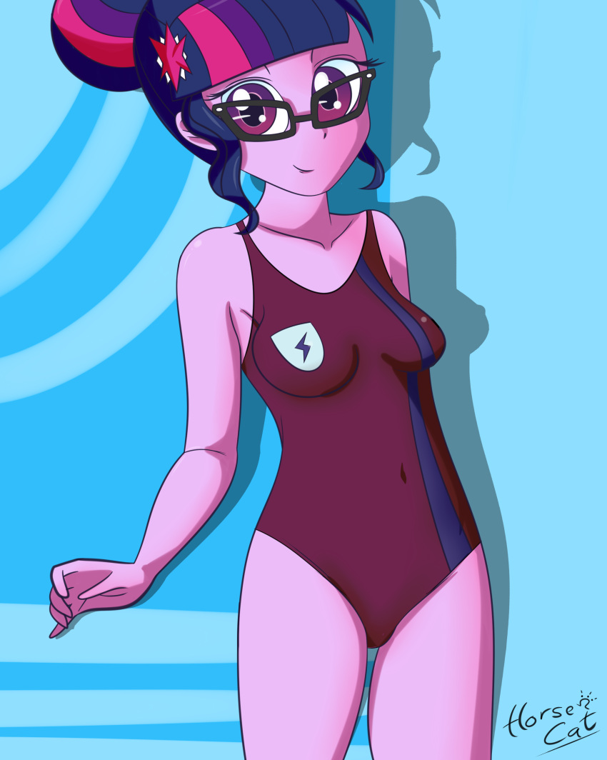 1girl equestria_girls female female_only friendship_is_magic glasses horsecat looking_at_viewer my_little_pony one-piece_swimsuit solo standing swimsuit twilight_sparkle twilight_sparkle_(mlp)