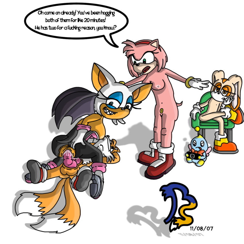 amy_rose blargsnarf chao cheese_the_chao miles_"tails"_prower multiple_tails rouge_the_bat sega sonic sonic_team tail text