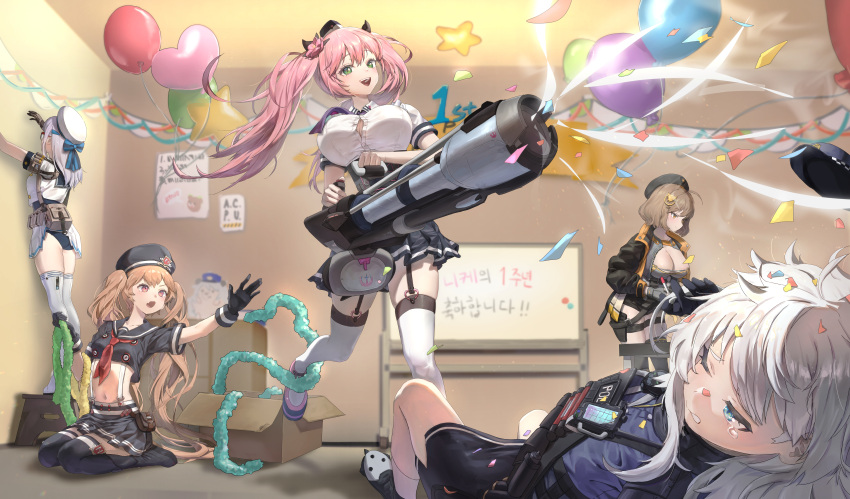 5girls :d absurd_res ahoge anis_(nikke) anniversary balloon belt_pouch beret big_breasts black_gloves black_headwear black_jacket black_sailor_collar black_shorts black_skirt black_thighhighs blue_eyes blue_one-piece_swimsuit boots breasts brown_eyes brown_hair bulletproof_vest button_gap cleavage collared_shirt crop_top decorating dress fang fingerless_gloves flower garrison_cap glasses gloves goddess_of_victory:_nikke green_eyes grey_gloves grey_shirt grey_skirt hair_flower hair_ornament hat heart_balloon high_heel_boots high_heels high_res jacket knee_boots legwear_garter long_hair military_hat miniskirt miranda_(nikke) multicolored_clothes multicolored_jacket multiple_girls neck_tie neckerchief neon_(nikke) one-piece_swimsuit open_mouth orange_jacket party pink_eyes pink_footwear pink_hair pisik pleated_skirt poli_(nikke) police police_uniform policewoman pouch purple_necktie quiry_(nikke) red_neckerchief rocket_launcher sailor sailor_collar sailor_dress shirt short_hair short_shorts short_sleeves shorts sidelocks single_glove skin_fang skirt small_breasts smile stockings suspender_skirt suspenders swimsuit swimsuit_under_clothes tearing_up thigh_strap twin_tails two-tone_jacket uniform upskirt very_long_hair wavy_hair weapon white_hair white_headwear white_shirt white_thighhighs