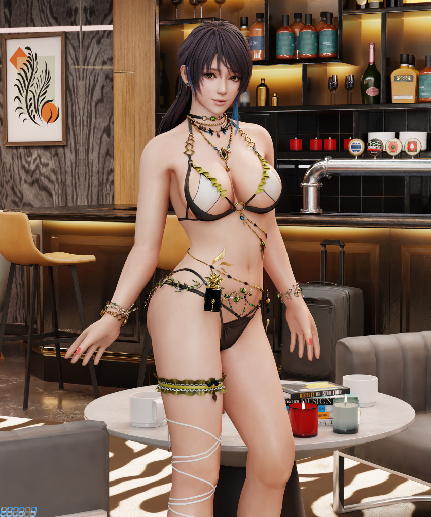 1girl alluring amber_eyes begs3 big_breasts black_and_blue_hair cleavage dead_or_alive dead_or_alive_xtreme dead_or_alive_xtreme_2 dead_or_alive_xtreme_3 dead_or_alive_xtreme_3_fortune dead_or_alive_xtreme_beach_volleyball dead_or_alive_xtreme_venus_vacation garter_belt legs lingerie shandy_(doa) tecmo underboob underwear