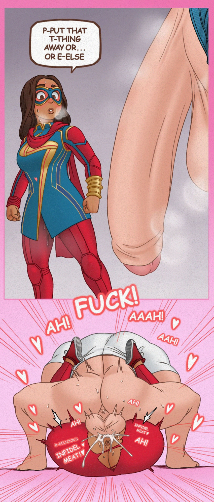 big_penis brown_skin bwc cum_in_pussy cum_inside cum_overflow dark-skinned_female defeated english_text heavy_breathing iman_vellani instant_loss_2koma interracial kamala_khan light-skinned_male long_hair marvel marvel_cinematic_universe ms._marvel muslim orgasm pussy_juice pussy_juice_trail rape rough_sex speech_bubble text visible_breath wet_pussy