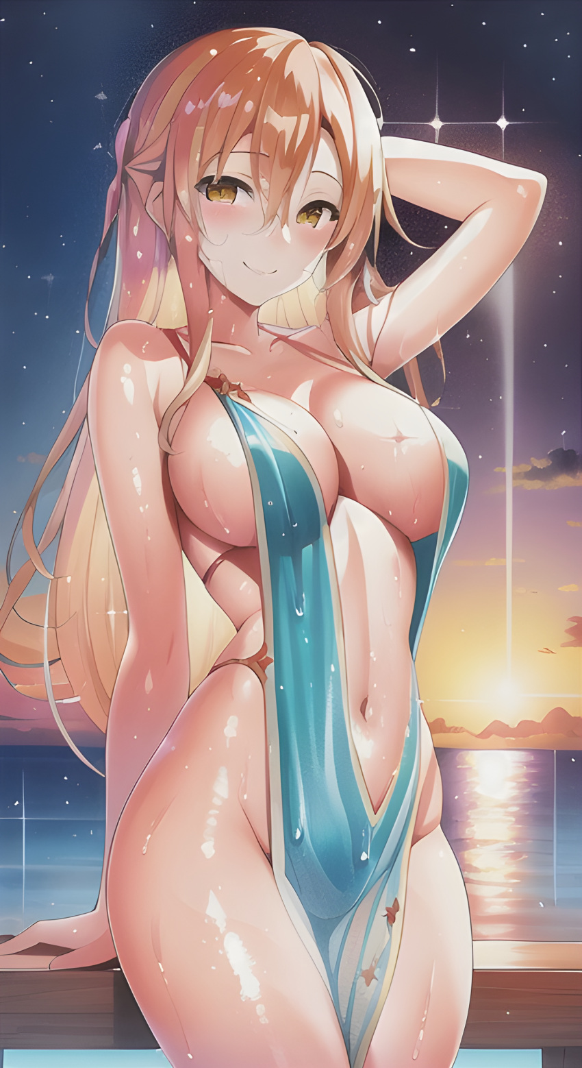 1girl alluring arm_behind_head arm_support asuna_(sao) beach big_breasts bikini blush brown_hair cleavage female_only legs long_hair looking_at_viewer nightcore_(artist) ocean one-piece_swimsuit pose posing sensual smile swimsuit sword_art_online thighs voluptuous water wet yellow_eyes