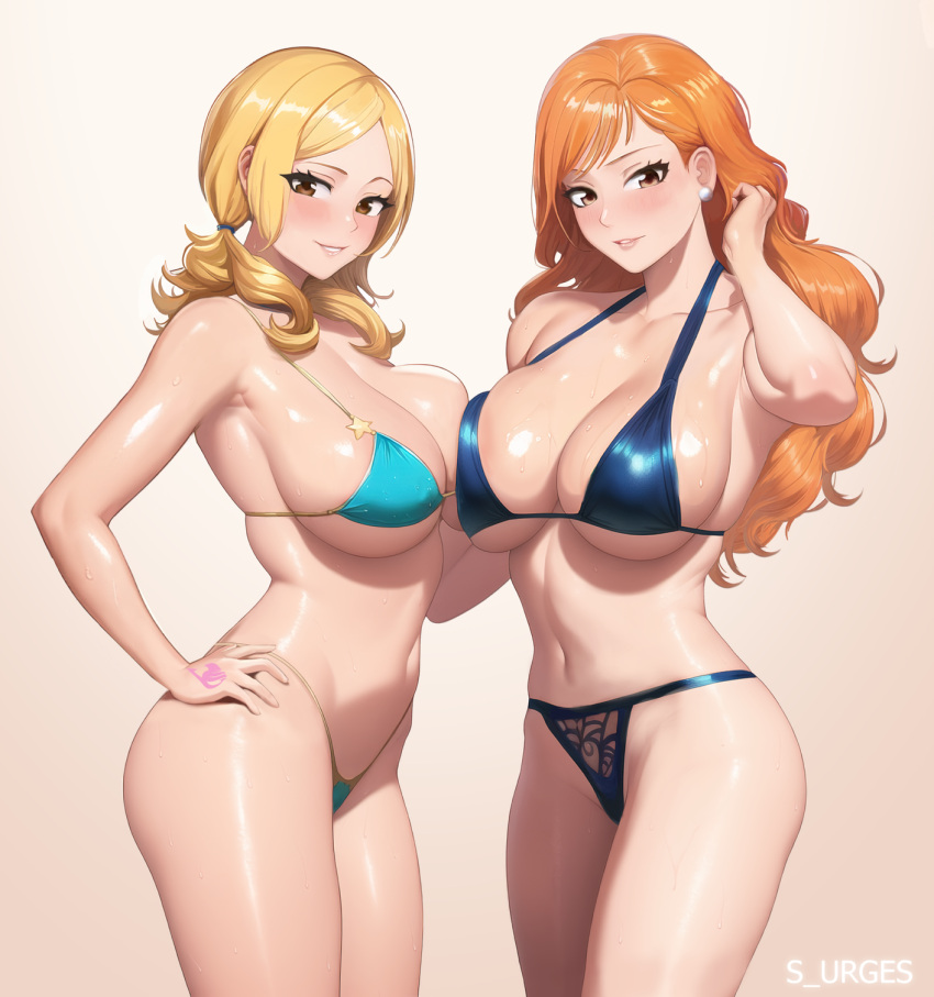 2girls alluring artist_name ass bangs bare_shoulders big_ass big_breasts bikini blonde_hair breast_press breasts brown_eyes cleavage clothing collarbone crossover curvy duo earrings eyelashes fairy_tail female_focus female_only g-string grin hand_on_hip hips human jewelry large_ass long_hair looking_at_viewer lucy_heartfilia micro_bikini nami navel one_piece orange_eyes orange_hair parted_lips revealing_clothes s-urges seductive shiny_skin sideboob simple_background skimpy skindentation smile sweat sweatdrop swimsuit tattoo teeth thighs thong thong_bikini tied_hair twin_tails under_boob voluptuous watermark wavy_hair