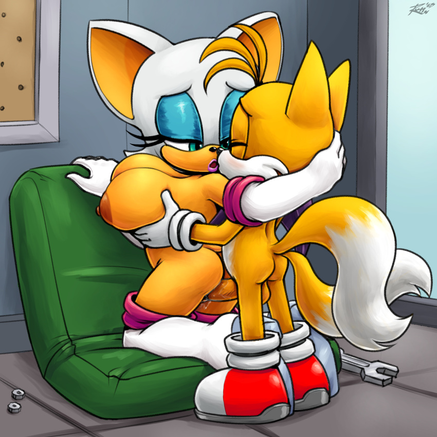 1boy 1girl 2023 anthro bat big_breasts blush bodily_fluids fox from_behind furry gloves interspecies larger_female looking_back miles_"tails"_prower nipple nude nude_female on_knees penetration rouge_the_bat sega sex size_difference sonic_the_hedgehog_(series) soubriquetrouge tail vaginal_penetration yellow_fur