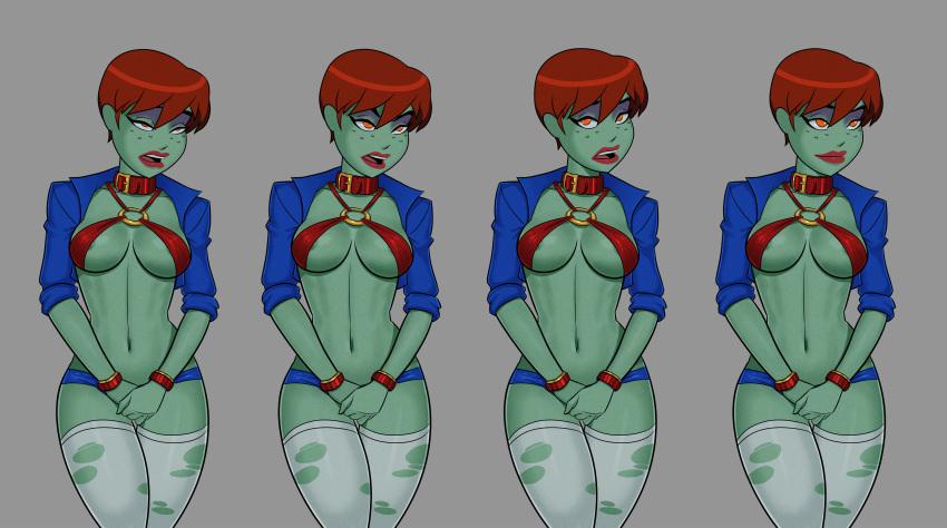 1girl big_breasts breasts comic_book_character female_focus freckles green_skin high_res long_hair martian megan_morse miss_martian orange_eyes patreon patreon_paid patreon_reward red_hair solo_female something_unlimited sunsetriders7 superheroine tagme teen