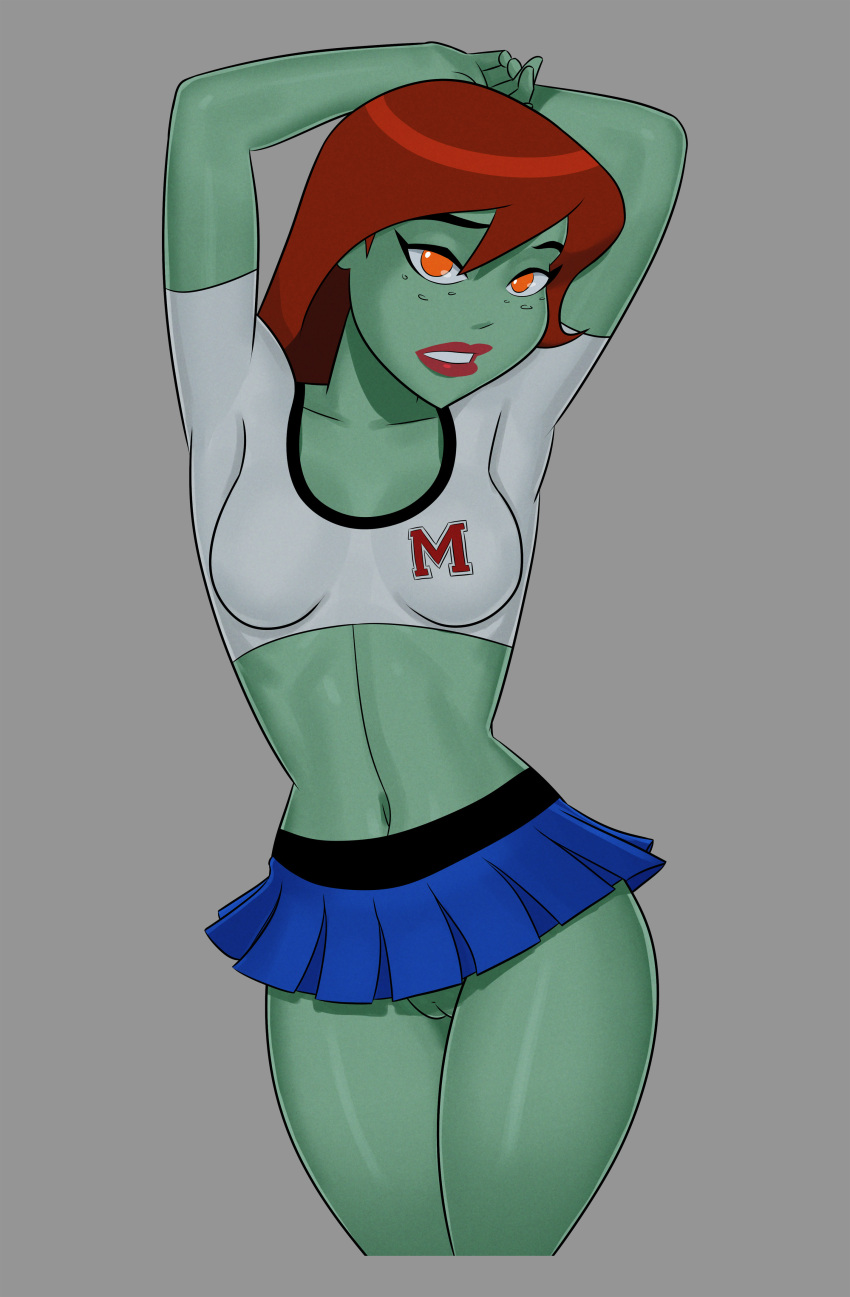 1girl big_breasts breasts comic_book_character female_focus freckles green_skin high_res long_hair martian megan_morse miss_martian orange_eyes patreon patreon_paid patreon_reward red_hair solo_female something_unlimited sunsetriders7 superheroine tagme teen