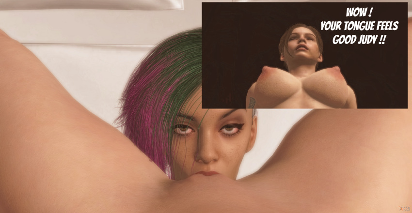 1girl 2_girls 3d areola bed below_view black_background brown_eyes brown_hair brown_nipples brunette brunette capcom cd_projekt_red claire_redfield closed_eyes crossover cyberbrian360 cybernetics cyberpunk_2077 english_text erect_nipples eye_contact eyebrows eyelashes eyeliner eyes eyeshadow female_with_female from_below games hearts human indoor indoors inside judy_alvarez legs_apart legs_spread lesbian_sex lips lipstick looking_at_viewer medium_breasts mouth_open multicolored_hair open_mouth pillows ponytail pov pov_(female) pussy pussy pussy_lips red_lips red_lipstick render resident_evil resident_evil_2 resident_evil_2_remake shaved_side short_hair simple_background spread_legs sucking tanned tanned_female tanned_skin tattoo tattooed_arm teasing teasing_viewer teeth video_games xnalara xps yuri yuri yuri