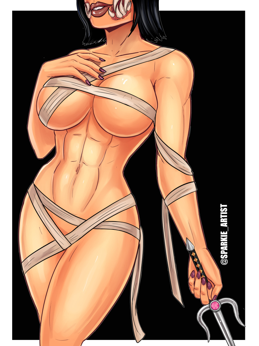1girl 1girl abs absurd_res almost_nude alternate_costume artist_name bandages barely_clothed big_breasts black_hair covered_nipples covered_pussy female_focus female_only hand_over_breast high_res holding_weapon mileena mortal_kombat mortal_kombat_(2011) mortal_kombat_x navel netherrealm_studios no_bra no_panties pose sai_(weapon) seductive_pose sharp_teeth short_hair skimpy skimpy_outfit smile solo_female solo_focus sparkietheartist tarkatan teeth thick_thighs weapon wide_hips