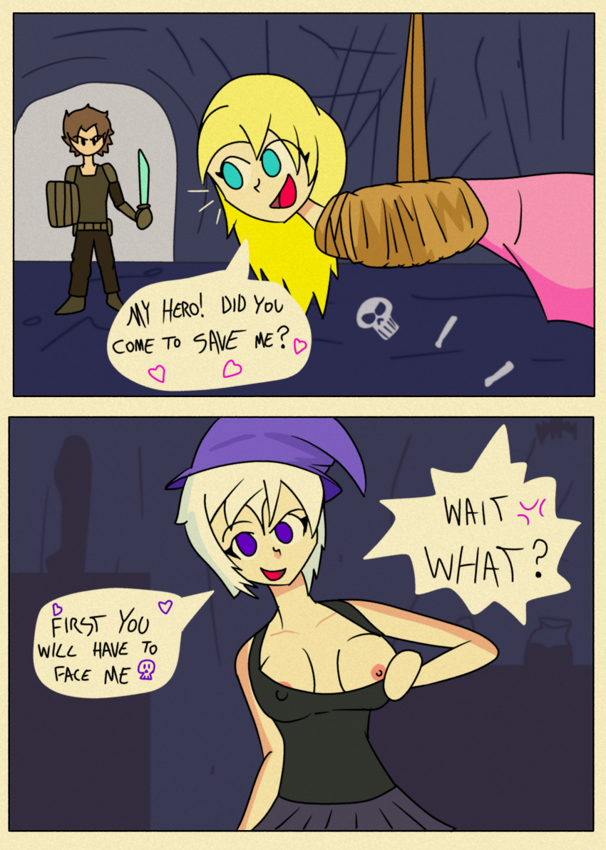 1boy 2_girls 2girls big_breasts bondage comic male self_upload smgbullet text white_hair witch witch_hat