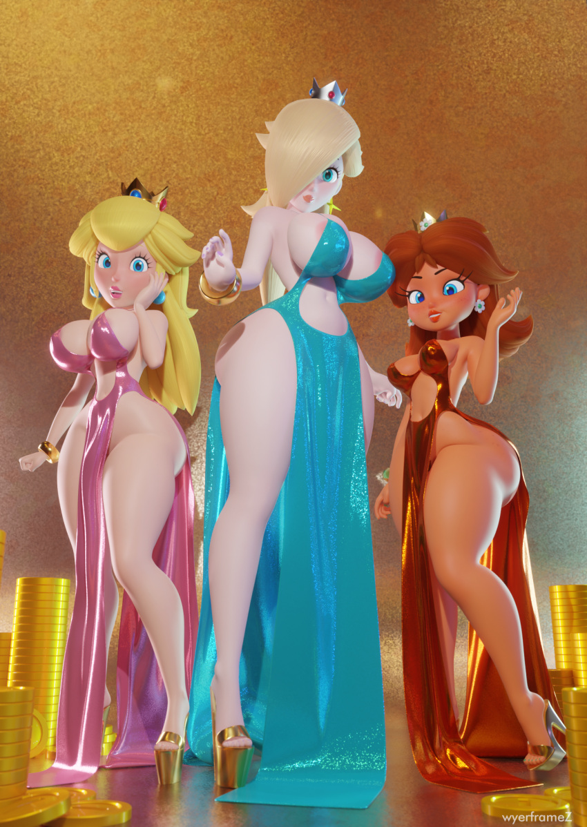 3_girls breasts dress female_only mario_(series) nintendo princess_daisy princess_peach rosalina wyerframez