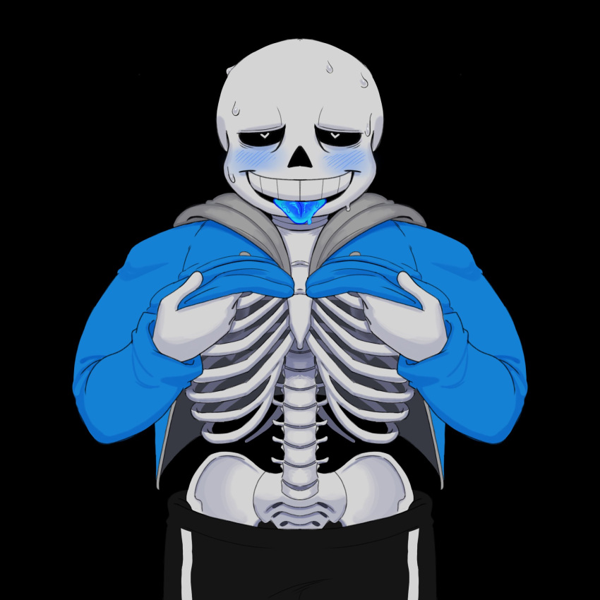 1:1 1:1_aspect_ratio 2020 2d 2d_(artwork) abosinsin alternate_version_available animated_skeleton bad_id bad_twitter_id bald black_background blue_hoodie blue_jacket blue_tongue blush dark_background digital_media_(artwork) flashing heart-shaped_pupils heart_shaped_pupils hooded_jacket hoodie hoodie_lift humanoid inactive_account jacket lifting_shirt male male_only monster sans sans_(undertale) shirt_lift shirt_up skeleton solo solo_male sweat sweating tongue tongue_out undead undertale undertale_(series) video_game_character video_games