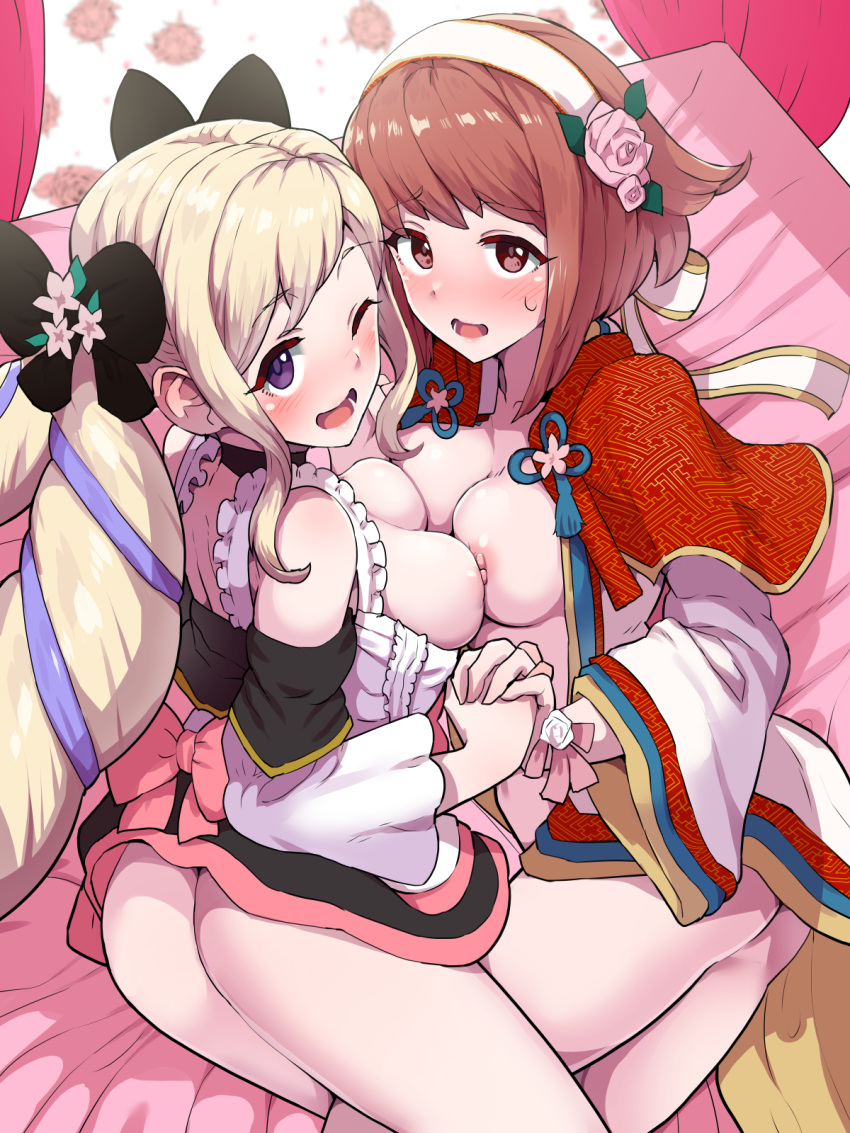 1girl 2_girls ;d alternate_costume ass big_ass black_choker blonde_hair blush boris_(noborhys) breast_press breasts breasts_out choker elise_(fire_emblem) elise_(valentine)_(fire_emblem) embarrassed female_only fire_emblem fire_emblem_fates fire_emblem_heroes high_res long_hair looking_at_viewer medium_breasts medium_hair multiple_girls nervous nintendo nipples official_alternate_costume one_eye_closed open_mouth pink_eyes pink_hair purple_eyes sakura_(fire_emblem) sakura_(valentine)_(fire_emblem) smile sweat symmetrical_docking twin_tails very_long_hair