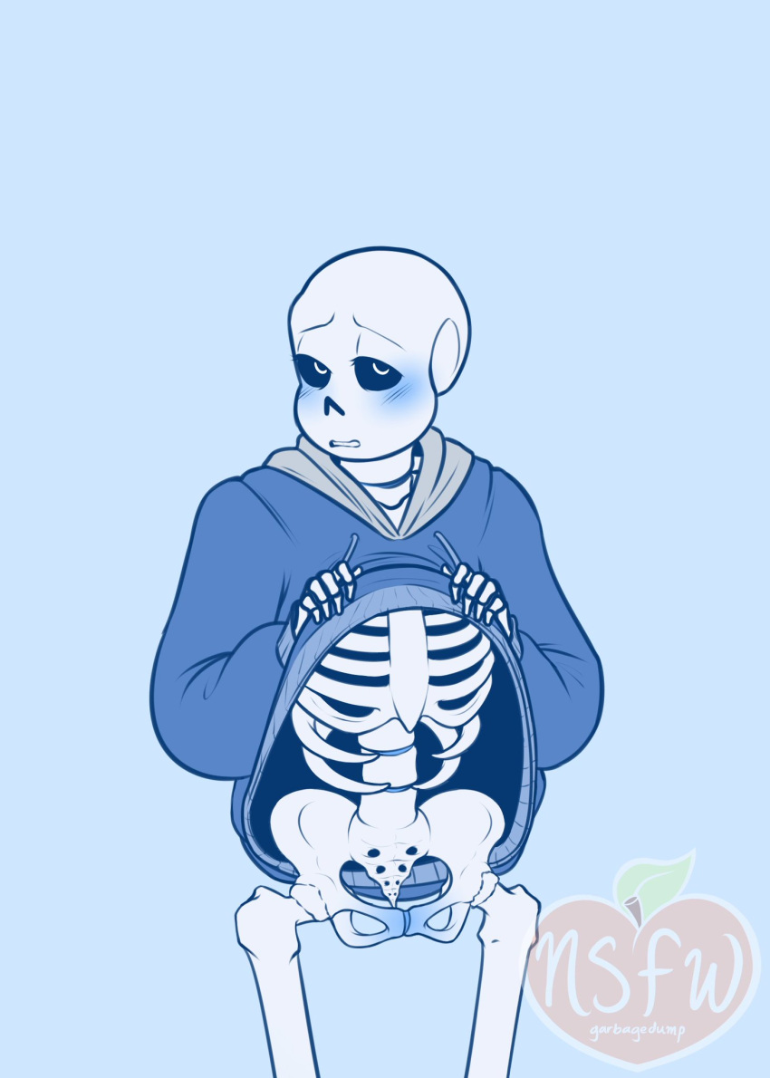 1boy 2020 2020s animated_skeleton artist_logo artist_name blue_background blue_blush blush bottom_sans bottomless embarrassed flashing hoodie_lift hoodie_only looking_at_viewer male male_only nsfwgarbagedump sans sans_(undertale) shy simple_background skeleton solid_color_background solo submissive submissive_male uke_sans undead undertale undertale_(series)