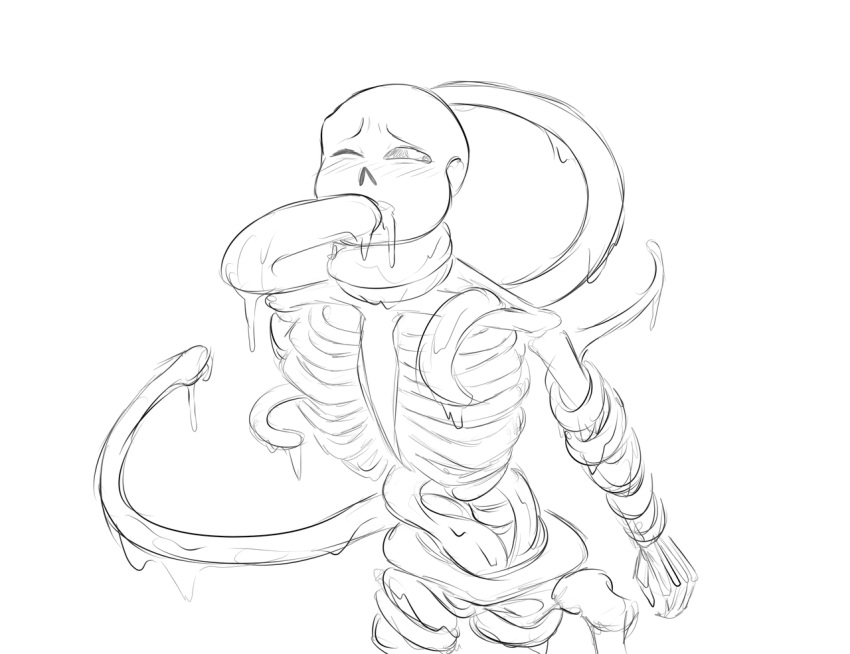 2010s 2018 animated_skeleton bottom_sans completely_naked completely_nude nsfwgarbagedump nude one_eye_closed sans sans_(undertale) skeleton sketch solo submissive tentacle tentacle_around_leg tentacle_in_mouth tentacle_sex uke_sans undead undertale undertale_(series) white_background