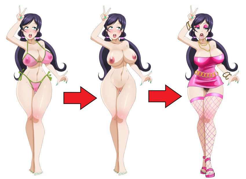 bikini breasts edit hairless_pussy hips hooker huge_breasts inkrait_(artist) love_live! love_live!_school_idol_project nipples nude nude_female open_mouth peace_sign prostitute prostitution pubic_hair pussy_hair thick_thighs thighs tongue tongue_out toujou_nozomi transformation v white_background wide_hips