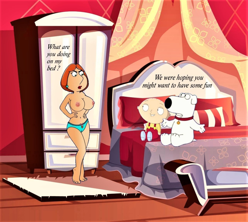 big_breasts brian_griffin cameltoe erect_nipples family_guy lois_griffin panties stewie_griffin thighs