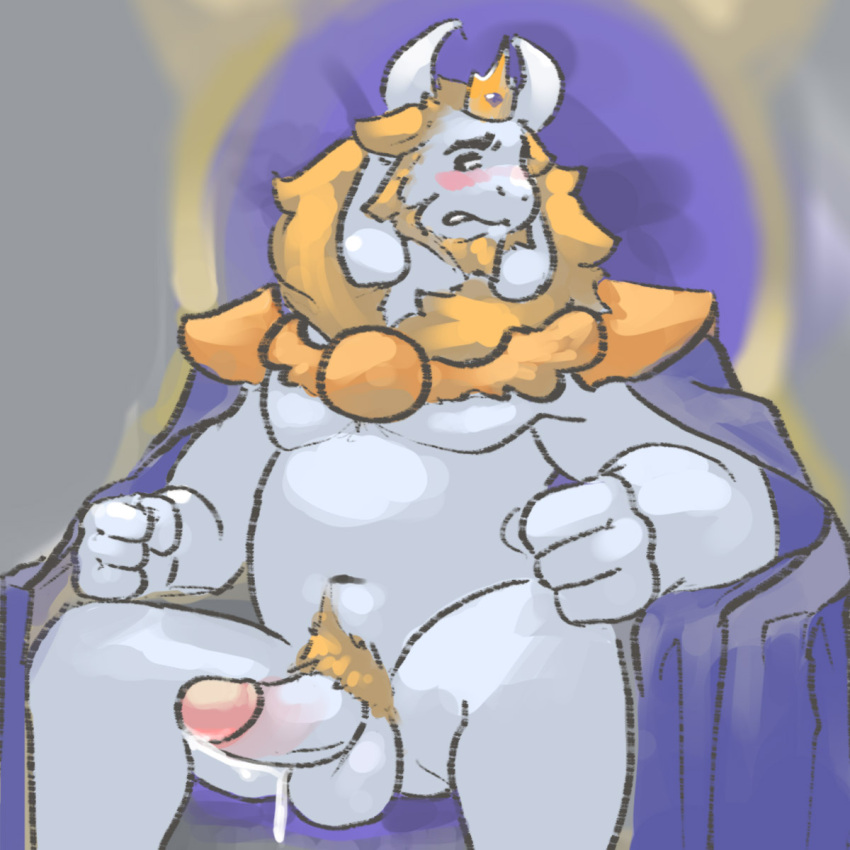1boy 2010s 2015 2d 2d_(artwork) anthro anthro_only asgore_dreemurr balls blush boss_monster cape cape_only caprine crown digital_media_(artwork) dilf embarrassed furry furry_only genitals goat grey_background humanoid_penis king loverslessthanthree male male_anthro male_only mammal penis pubes simple_background sitting sitting_on_throne solo_anthro solo_male throne undertale undertale_(series) video_game_character video_game_franchise video_games white_fur