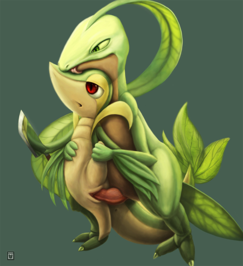 anus clitoris female green_background green_eyes grovyle half-closed_eyes hand_on_chest hetero holding knife licking male open_mouth penetration penis pokemon pussy realistic red_eyes sex simple_background snivy spread_legs spreading standing tail tongue tricksta vaginal vaginal_penetration