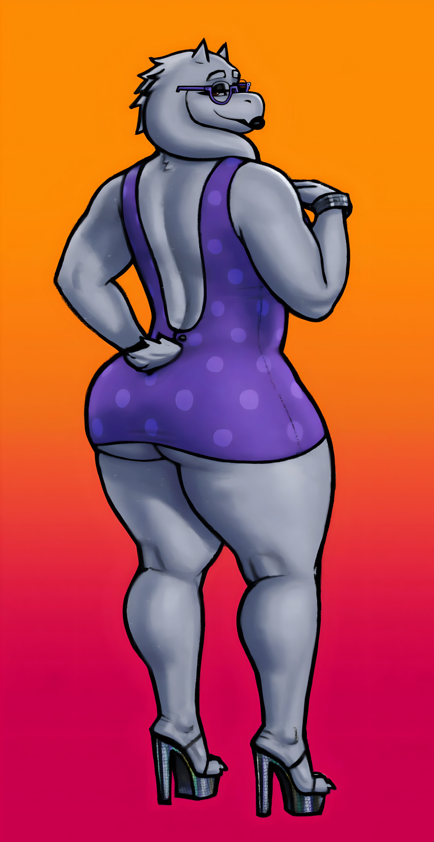 1_girl 1girl absurd_res absurdres anthro anthro_only big_ass big_breasts dat_ass female_anthro furry furry_only glasses goat gradient_background high_heels horns mature_female milf platform_shoes posing purple_dress seductive sligarthetiger solo_female tail tail_tuft tongue_out toriel undertale undertale_(series) white_body white_fur