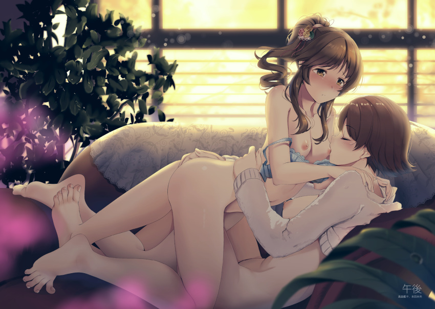 1girl 2_girls ass bangs big_breasts blue_bra blue_underwear blush bra breast_sucking breasts brown_eyes brown_hair casino_(casinoep) clavicle closed_mouth couch eyebrows_visible_through_hair feet flower groin hair_between_eyes hair_flower hair_ornament high_resolution honda_mio idolmaster idolmaster indoors lace lace-trimmed_bra lace_trim long_hair long_sleeves lying medium_breasts multiple_girls nipples non-web_source nude on_back on_couch on_person plant ponytail potted_plant short_hair sidelocks strap_slip takamori_aiko tied_hair toes underwear window yuri