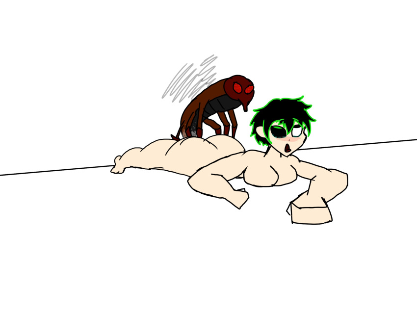 black_eyes black_hair cum cum_in_pussy cum_inside dark_hair doggy_position eyes_rolled_back fly gabethenut green_eyes green_hair insect original_character pleasure_face procreate_(software) short_hair smaller_male tomboy younger_male zoophilia