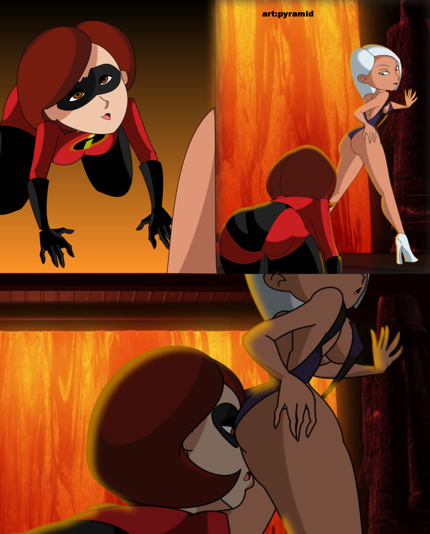 against_wall all_fours big_ass breasts dark_skin dress face_in_ass helen_parr latex_dress looking_at_another mask mirage_(the_incredibles) orange_hair pixar pyramid_(artist) rimming_female the_incredibles white_hair yuri