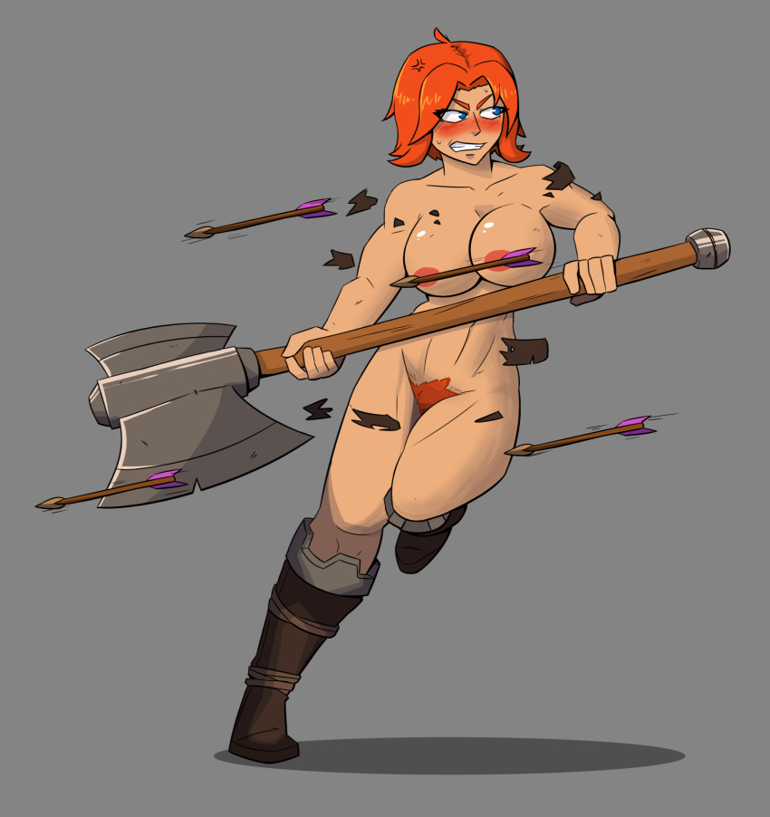 arrow arrows axe battle_axe blue_eyes blush boots breasts embarrassed embarrassed_nude_female embarrassing enf muscle muscular_female nipples pubic_hair red_hair weapon