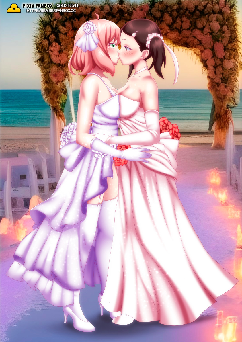 2_girls adult adult_version aged_up anya_forger anya_forger_(spyxfamily) bbmbbf beach becky_blackbell becky_blackbell_(spyxfamily) blush blushing brown_eyes brown_hair female female/female female_focus female_only flower flower_in_hair full_grown green_eyes green_hair grown_up lesbian_couple lesbian_kiss lesbian_wedding older older_female older_version palcomix palcomix*vip palcomix_vip pietro's_secret_club pink_hair spy_x_family wedding wedding_band wedding_dress wedding_in_beach wedding_in_the_beach wedding_kiss wedding_lingerie wedding_veil yuri
