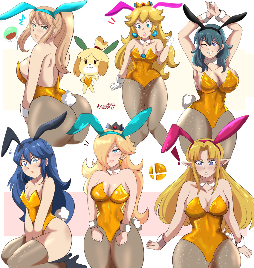 ! 1girl 2023 6+girls 7girls :3 alternate_costume animal_crossing anthro armpits ass bare_shoulders big_ass big_breasts blonde_hair blue_eyes blue_hair breasts bunny_ears bunny_girl bunny_tail bunnysuit byleth_(female) byleth_(fire_emblem) byleth_(fire_emblem)_(female) cleavage clothed clothing crown dat_ass dog female_only fire_emblem fire_emblem:_three_houses fire_emblem_awakening furry green_hair high_res isabelle_(animal_crossing) karbuitt kneel large_ass long_hair looking_at_viewer looking_back lucina metroid navel nintendo open_mouth pointy_ears princess_peach princess_rosalina princess_zelda purple_eyes samus_aran shoes simple_background small_breasts smile standing super_mario_galaxy super_smash_bros. teal_hair thick_thighs voluptuous white_background wide_hips year_of_the_rabbit