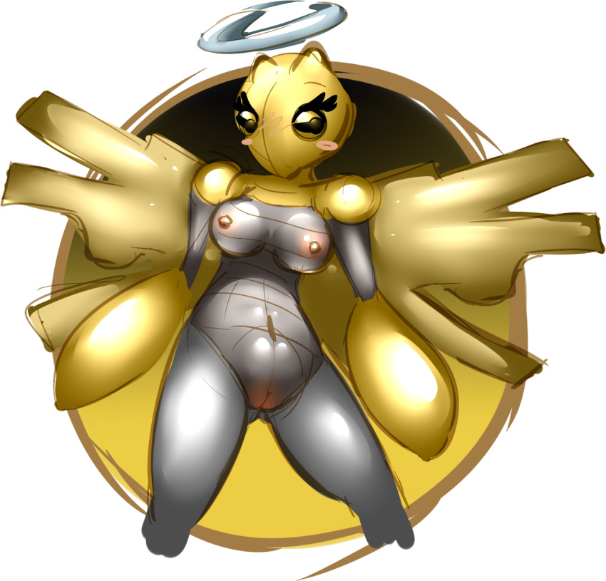 blush breasts elpatrixf female gold_body grey_body halo nintendo nipples nude pokemon pussy shedinja solo video_games wings
