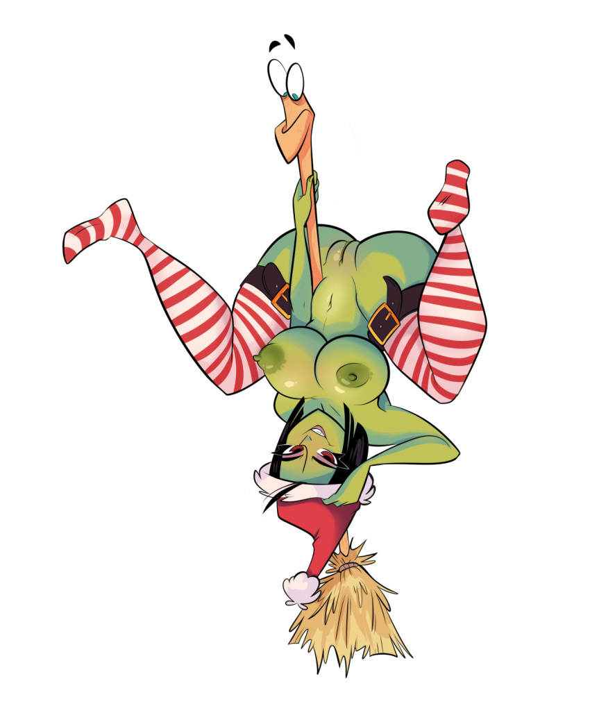 banjo-kazooie big_breasts breasts candy_cane_stocking christmas clitoris female game_over_gruntilda gruntilda gruntilda's_broomstick herny_the_duck nipples nude pussy santa_hat solo upside_down
