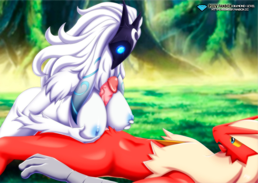 1boy 1girl bbmbbf blaziken blue_eyes crossover kindred kindred_(league_of_legends) league_of_legends paizuri palcomix penis_between_breasts pokemon pokepornlive red_fur white_fur yellow_fur