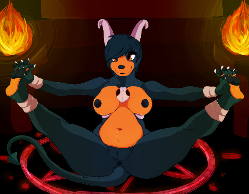 anus black_nipples breasts canine chubby female fire herro horn houndoom legs_up looking_at_viewer nintendo nude pawpads pokemon pokÃ©mon presenting pussy solo spread_legs spreading summoning_circle thick_thighs video_games