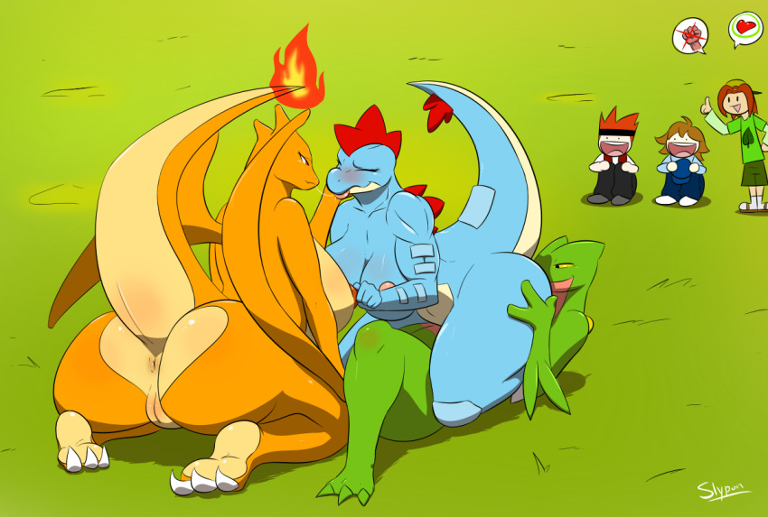 :d anthro anthro/anthro anthrofied anus areola ass big_ass big_breasts blush breasts charizard claws closed_eyes cunnilingus female feraligatr fire group hat headgear heart human kneeling male multiple_girls multiple_male navel nintendo nipple_pinch nipples nude oral oral_sex outside pokemon pokemon_trainer pokemorph pussy pussylicking raised_tail saliva sceptile sex slypon tail threesome toe_claws video_games wide_hips yuri