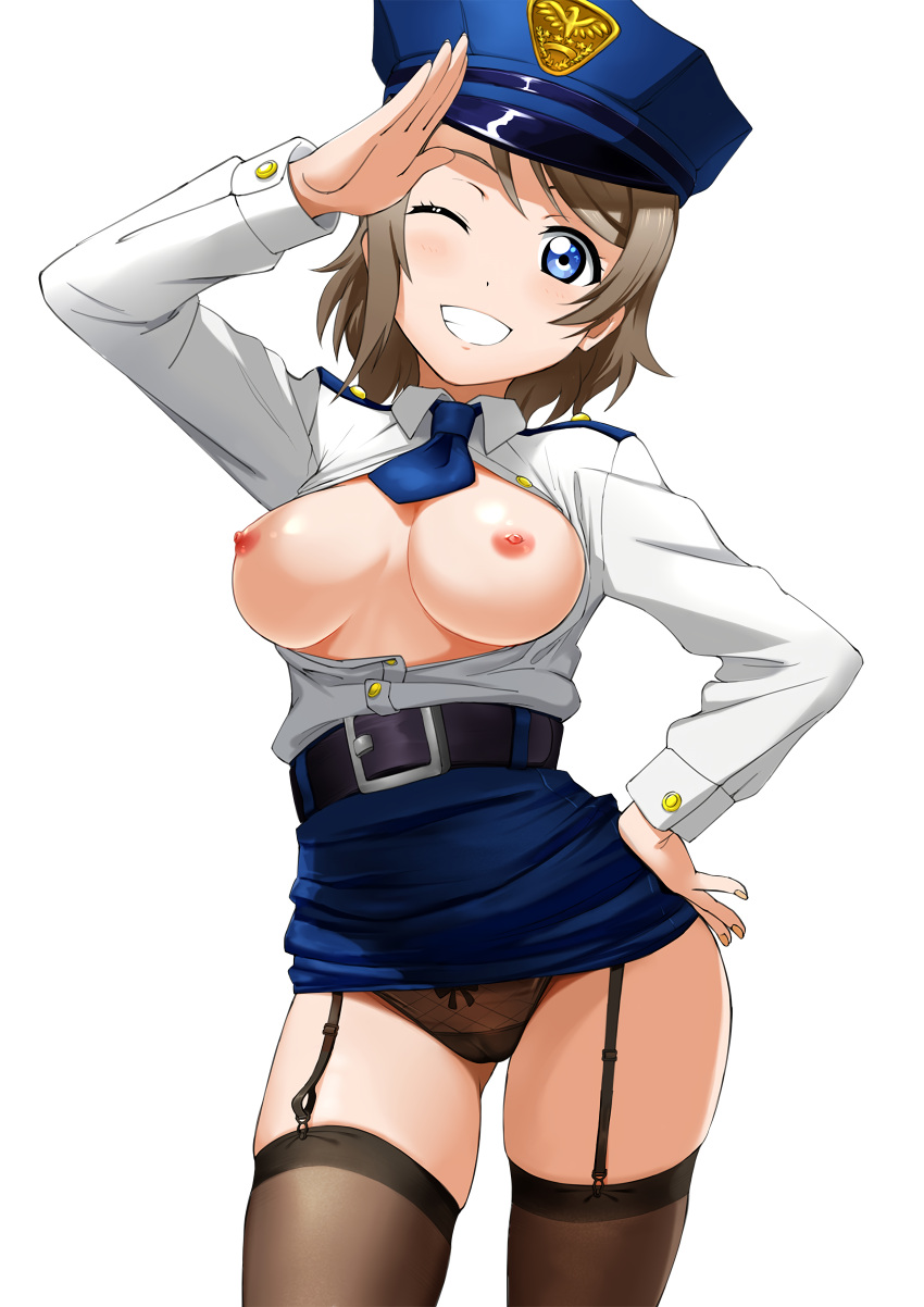 1girl badge bangs belt belt_buckle black_bow black_panties black_thighhighs blue_eyes blue_necktie blue_neckwear blue_skirt bow bow_panties breasts breasts_out_of_clothes buckle cameltoe garter_belt garter_straps grey_hair hand_on_hip hat high_res lace lace_panties long_sleeves looking_at_viewer love_live! love_live!_school_idol_festival love_live!_sunshine!! medium_breasts miniskirt nahoyoshi neck_tie nipples no_bra one_eye_closed open_clothes open_shirt panties pencil_skirt pocket police police_badge police_hat police_uniform policewoman salute shirt_tucked_in short_hair simple_background skindentation skirt skirt_lift smile stockings teeth thick_thighs thigh_gap thighs underwear uniform upscaled watanabe_you white_background zettai_ryouiki