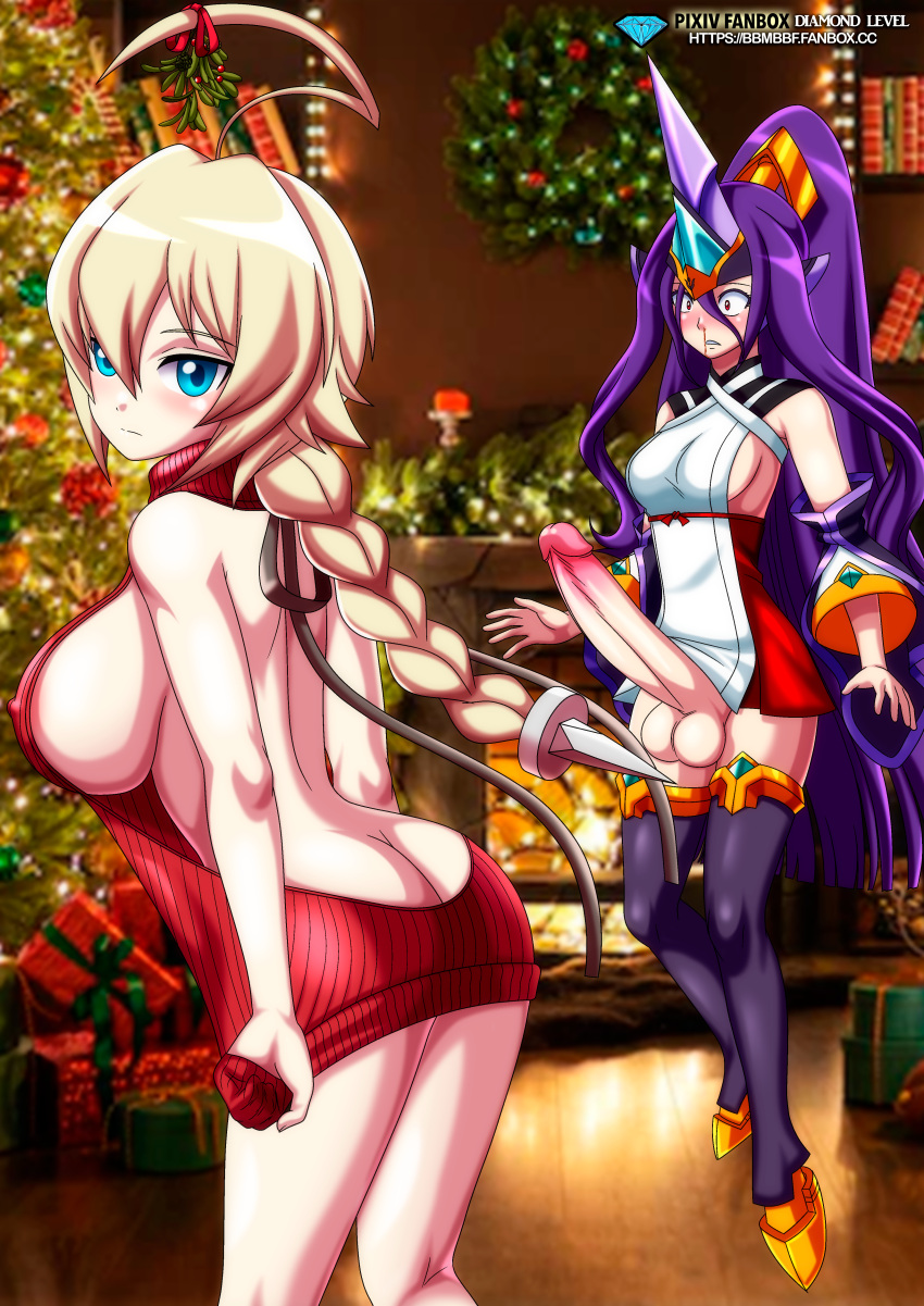 1futa 1girl 1girl1futa ahoge ass ass_cleavage balls bbmbbf big_breasts blazblue blonde_hair bottomless breasts butt_crack christmas christmas_tree clothed clothing duo erection es_(xblaze) fanservice futanari futanari_with_female hades_izanami huge_cock human humanoid humanoid_penis light-skinned_female light-skinned_futanari light_skin long_hair mistletoe mostly_clothed nosebleed palcomix partially_clothed penis penis_out pietro's_secret_club standing surprised sweater virgin_killer_sweater wide_eyed xblaze